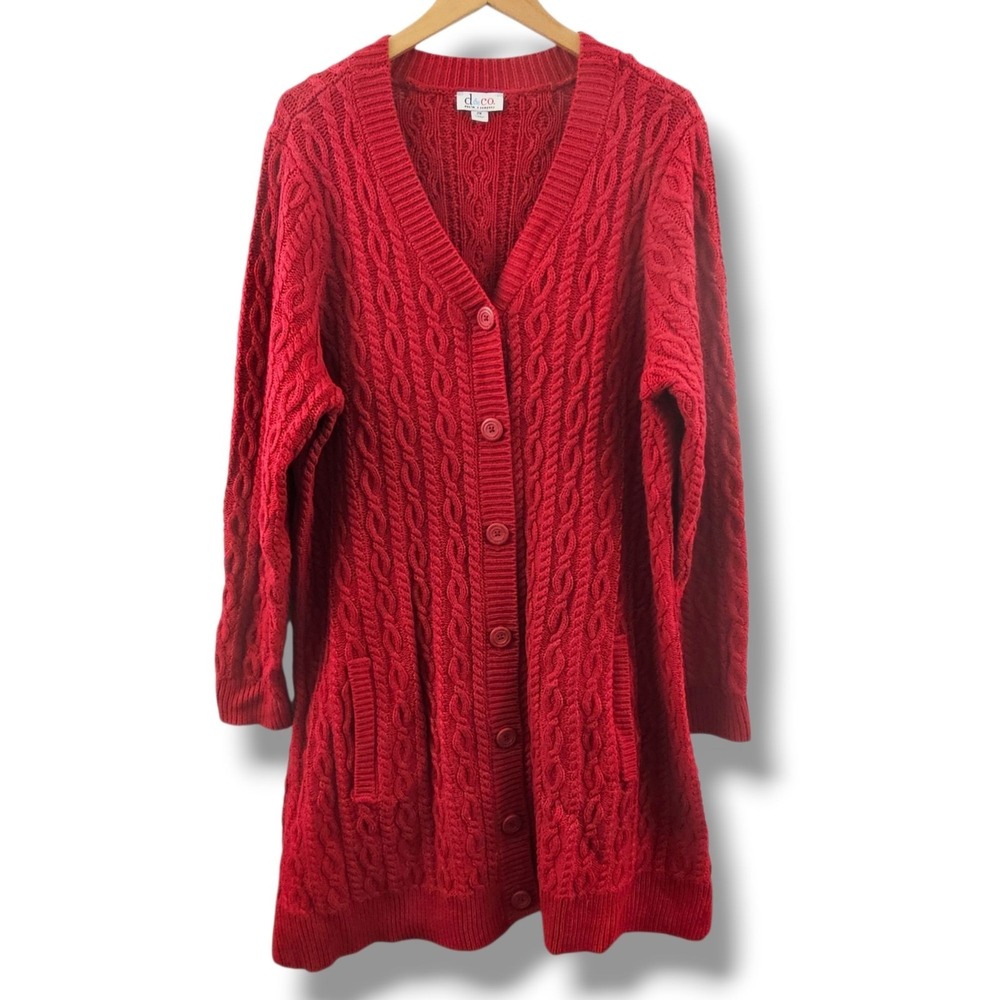 D&Co. Cable Knit Cardigan Sweater Red Womens 2X Long Line Chunky Valentine's Day
